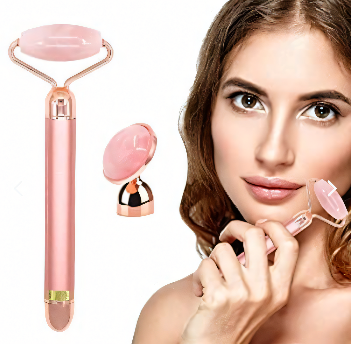 Rodillo Masajeador Facial de Cuarzo Rosado con Vibración – Doble Cabezal - PGCE