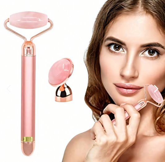 Rodillo Masajeador Facial de Cuarzo Rosado con Vibración – Doble Cabezal - PGCE